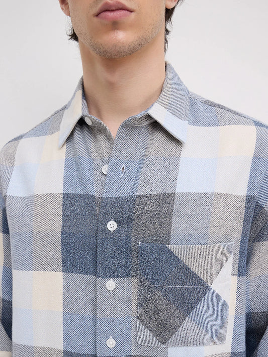 Navy & Blue Broad Checks Boxy Fit Flannel Crop Shirt