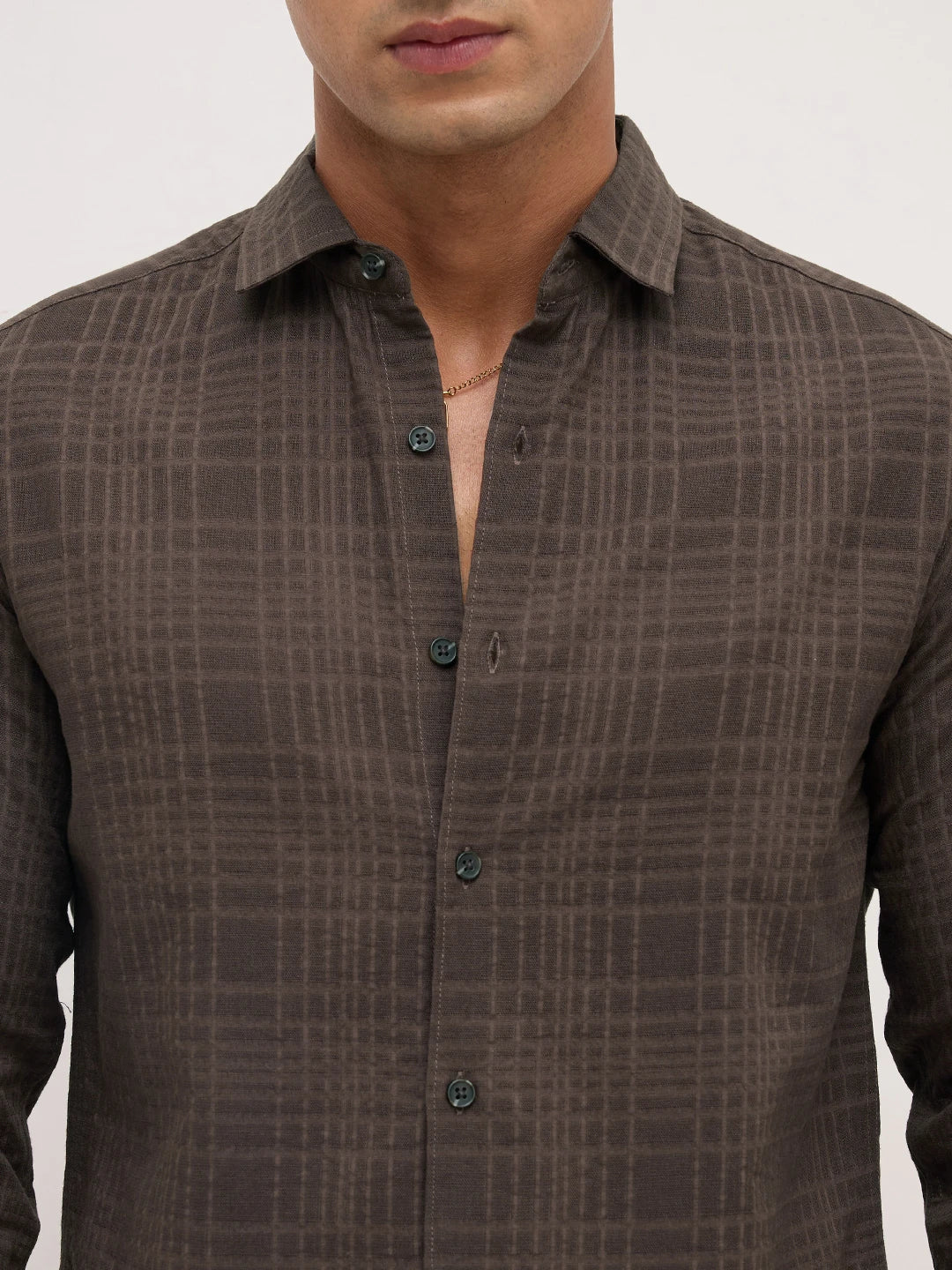 Coffee Brown Ledger Checks Double Cloth Shirt