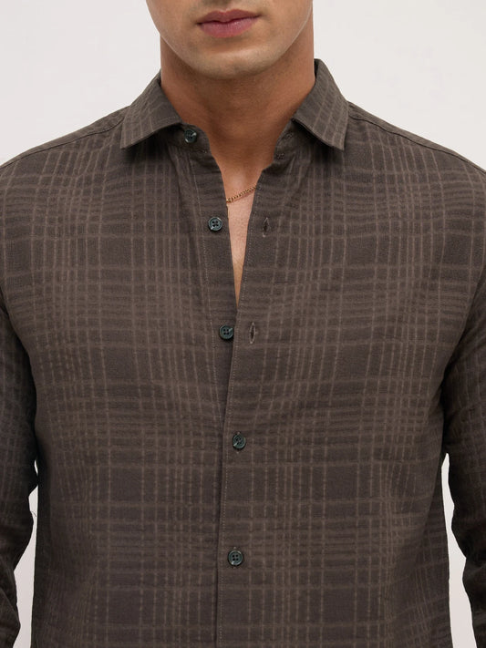 Coffee Brown Ledger Checks Double Cloth Shirt