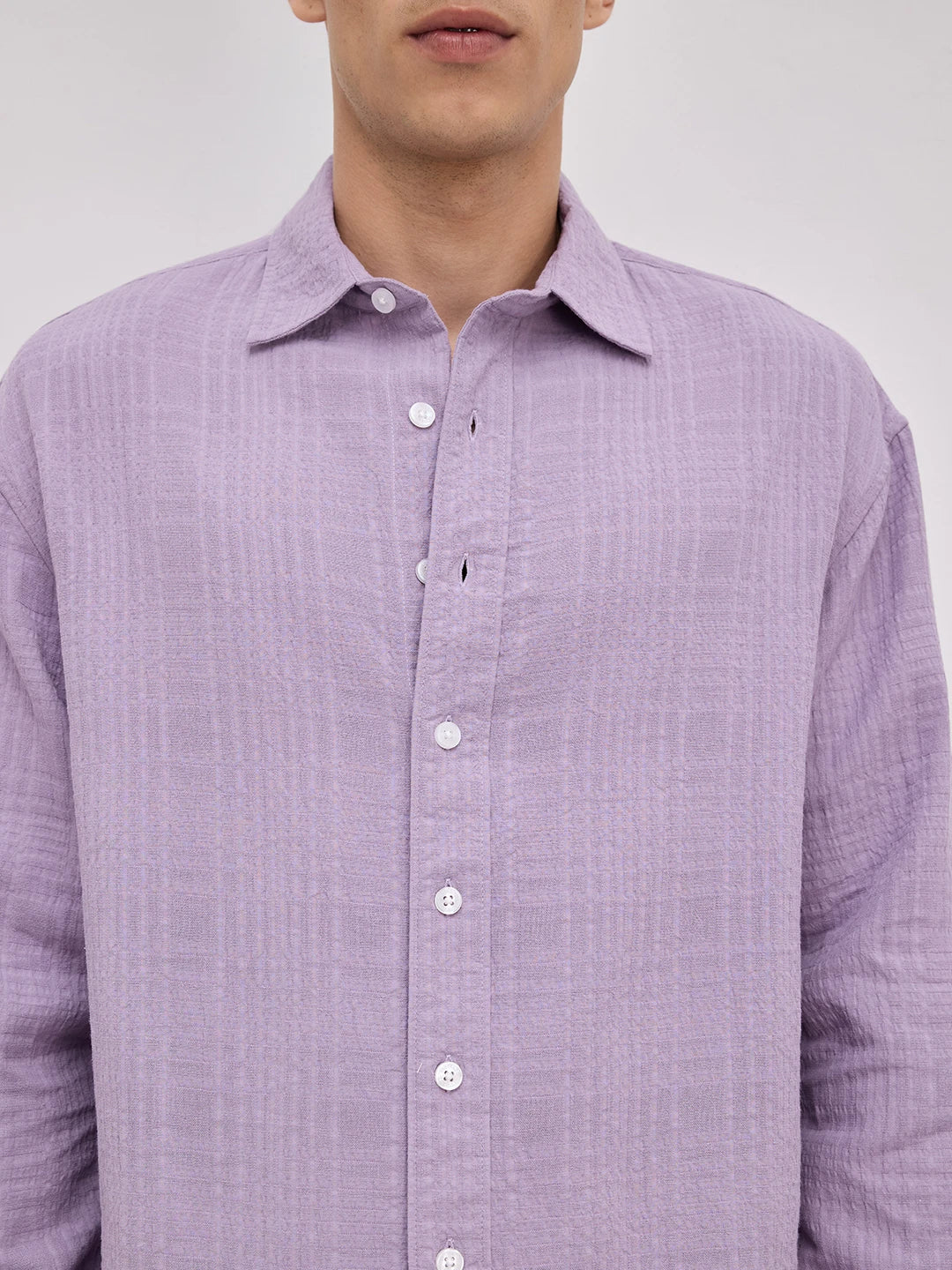Soft Lavender Double Cloth Gauze Textured Boxy Fit Crop Shirt