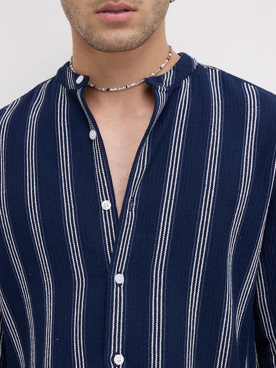 Navy & White Vertical Striped Mandarin Shirt