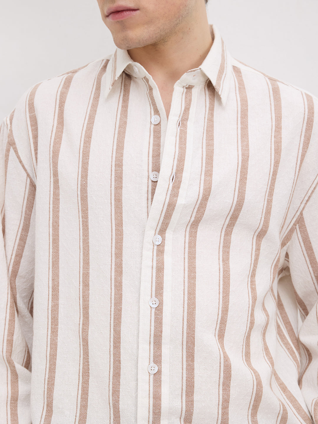 Natural Deep Khaki Striped Boxy Fit Crop Shirt