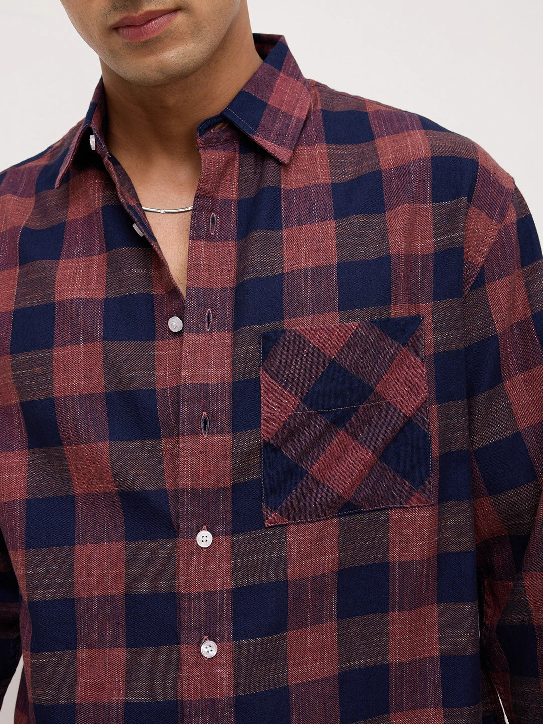 Autumn Navy & Brown Block Checks Boxy Fit Crop Shirt
