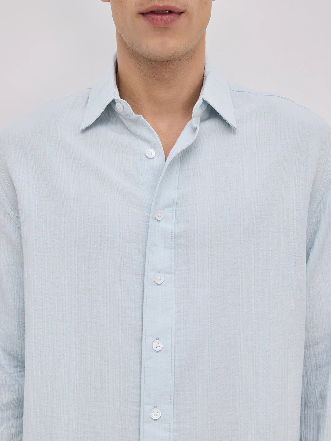Plush Baby Blue Double Cloth Seersucker Striped Boxy Fit Crop Shirt