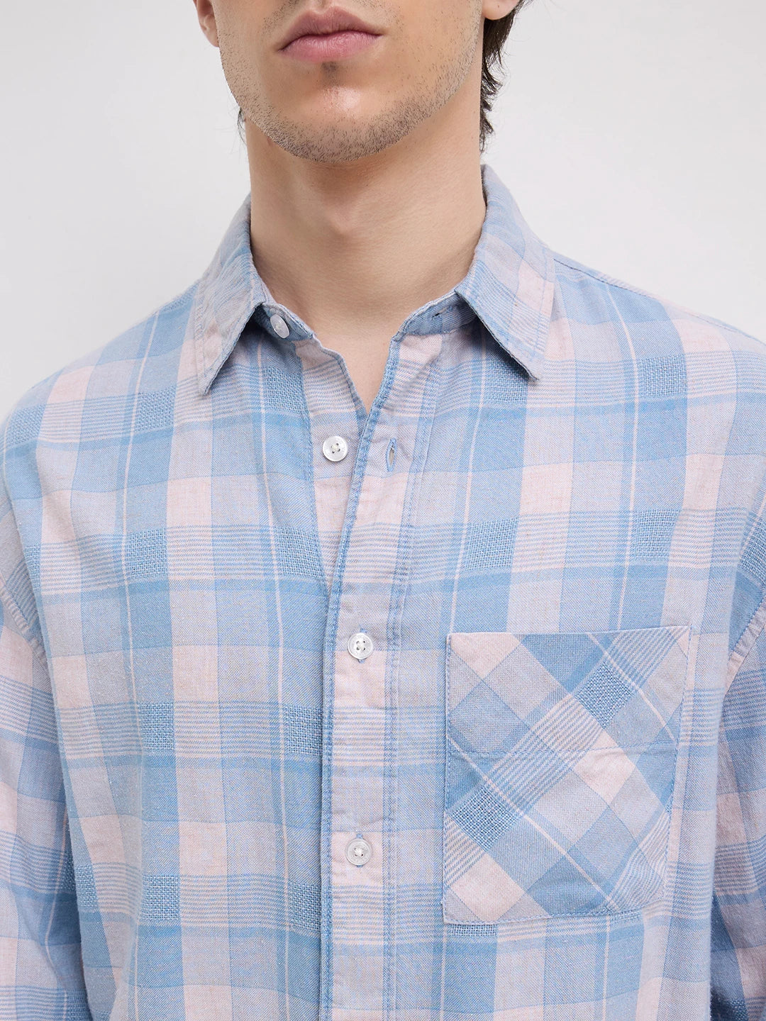 Luxe Denim Square Checks Cuffless Oversized Crop Shirt