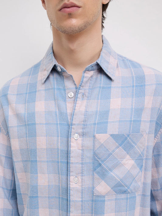 Luxe Denim Square Checks Cuffless Oversized Crop Shirt