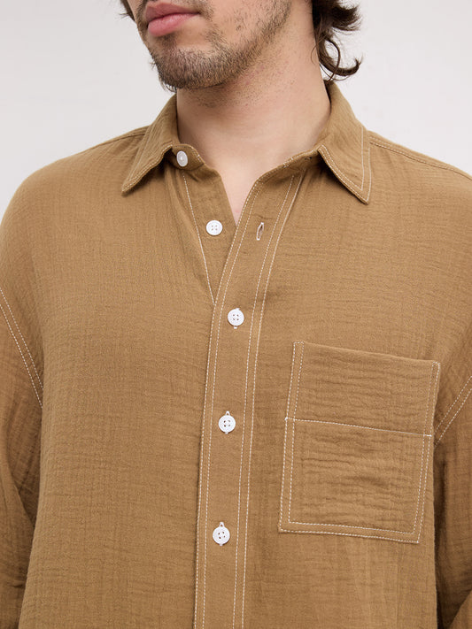 Wood Brown Double Cloth Contrast Stitch Boxy Fit Crop Shirt