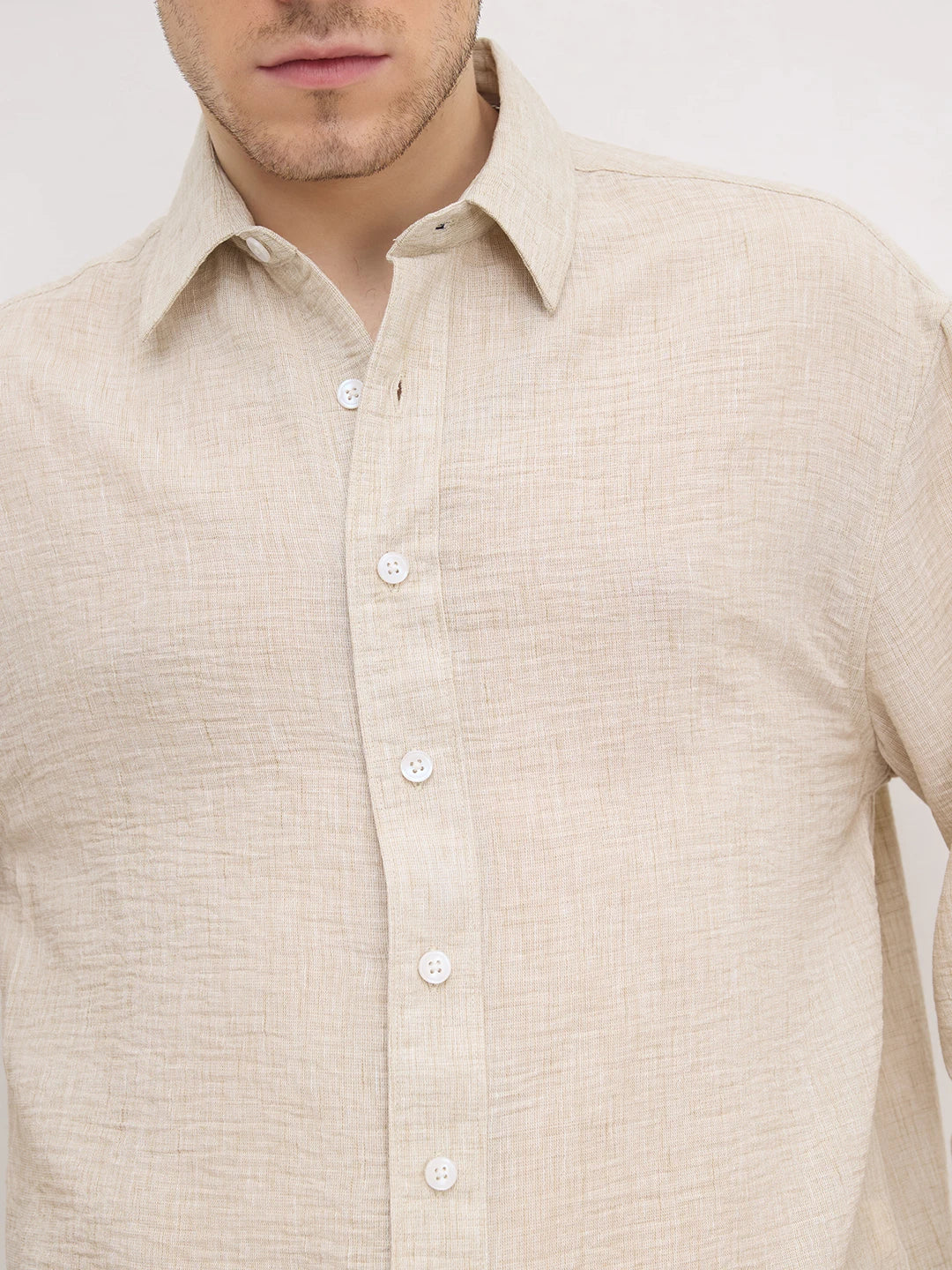 Natural Beige Textured Boxy Fit Crop Shirt