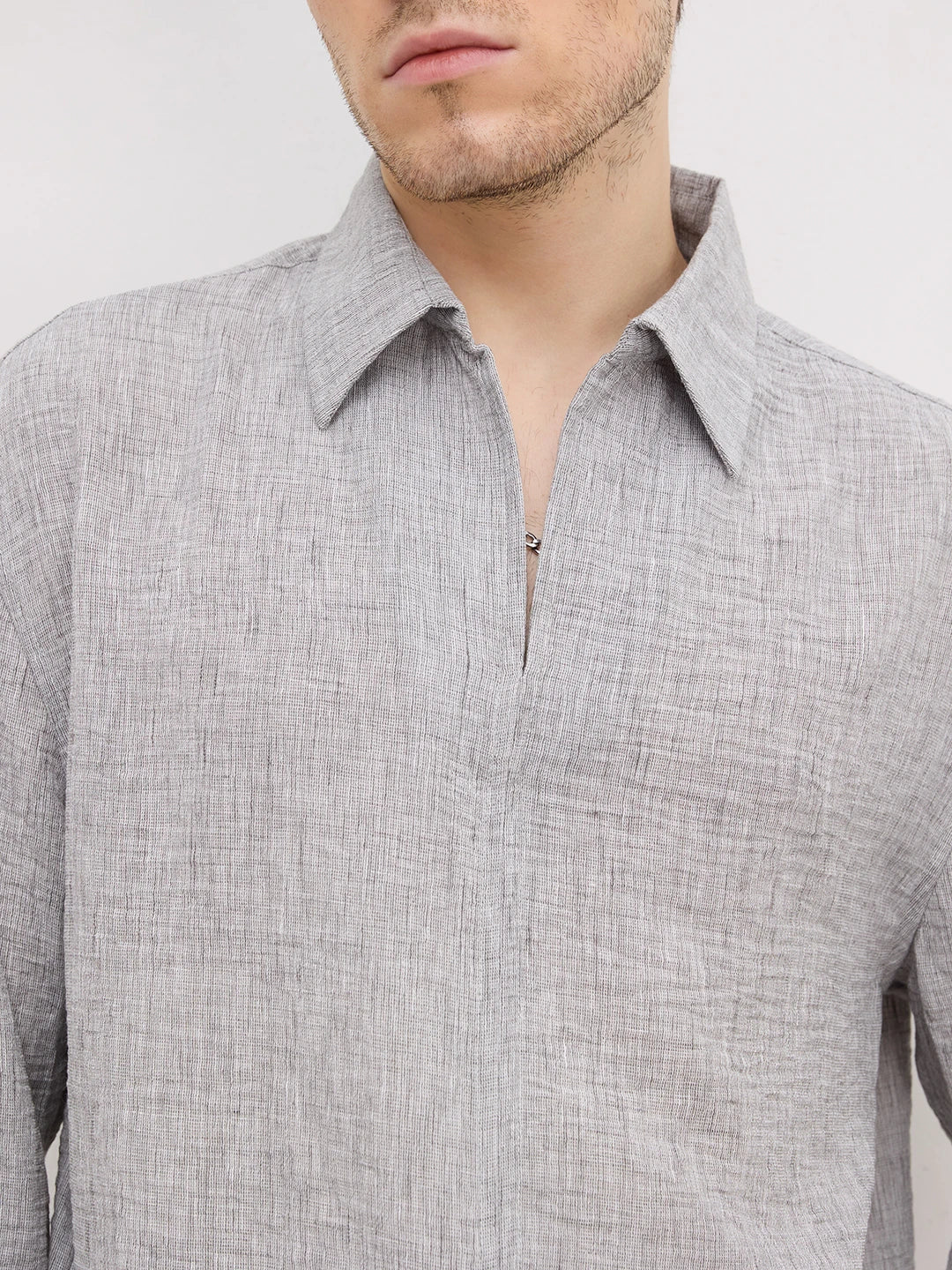 Refined Ash Grey Textured Center Seam Oversized Shirt