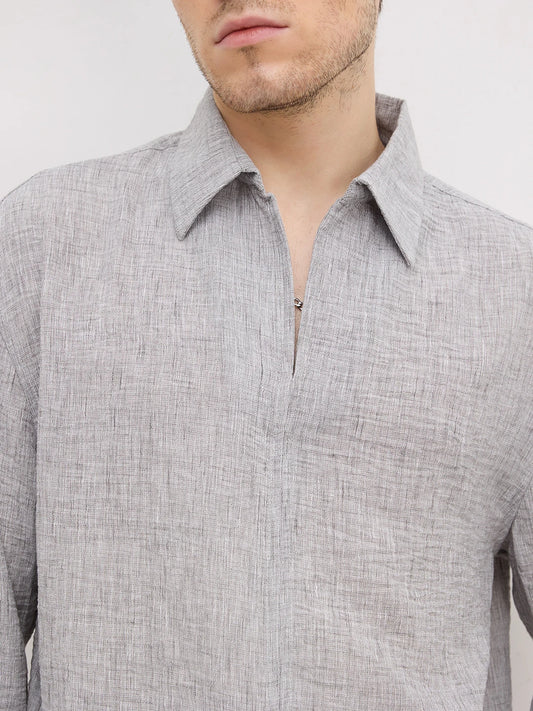 Refined Ash Grey Textured Center Seam Oversized Shirt