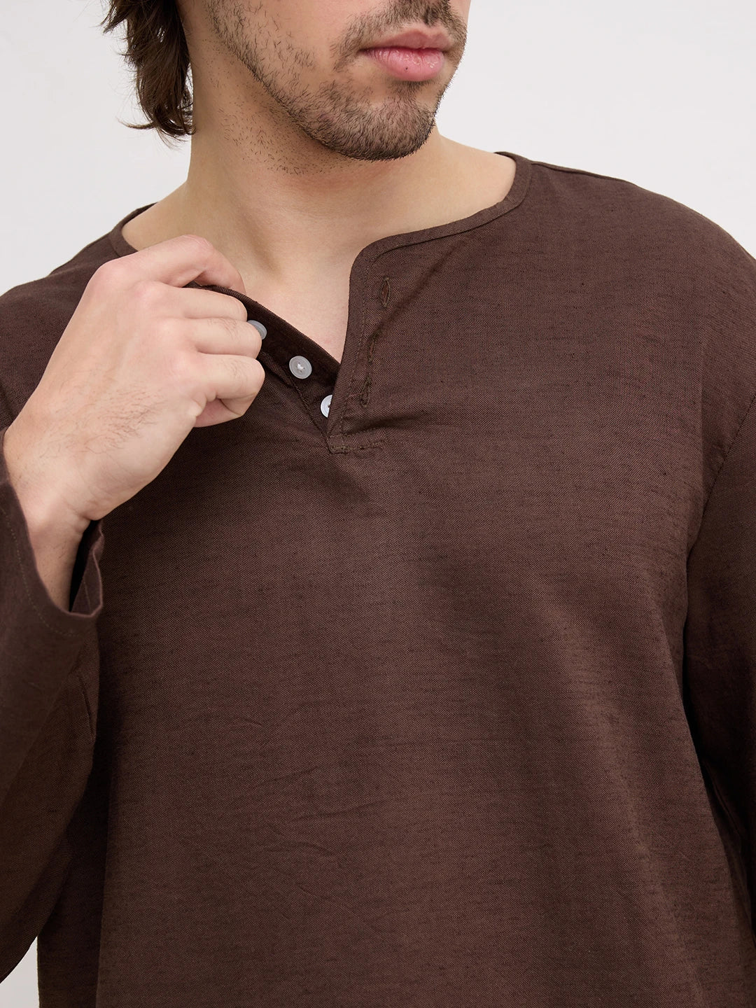 Espresso Brown Linen Blend Henley Neck Oversized Shirt