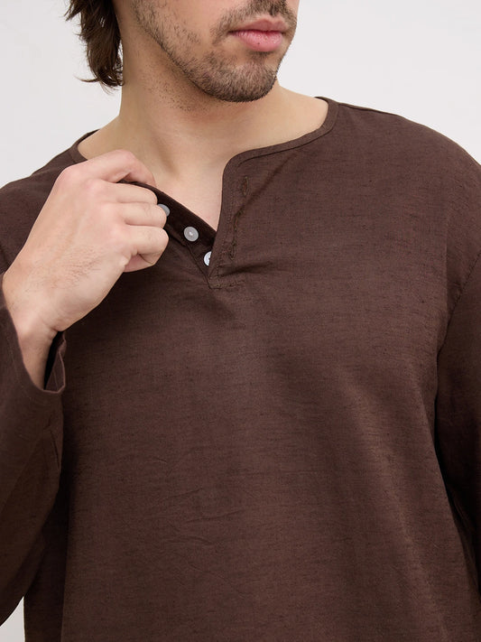 Espresso Brown Linen Blend Henley Neck Oversized Shirt