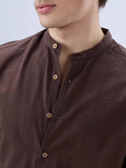 Chocolate Brown Seersucker Striped Mandarin Shirt