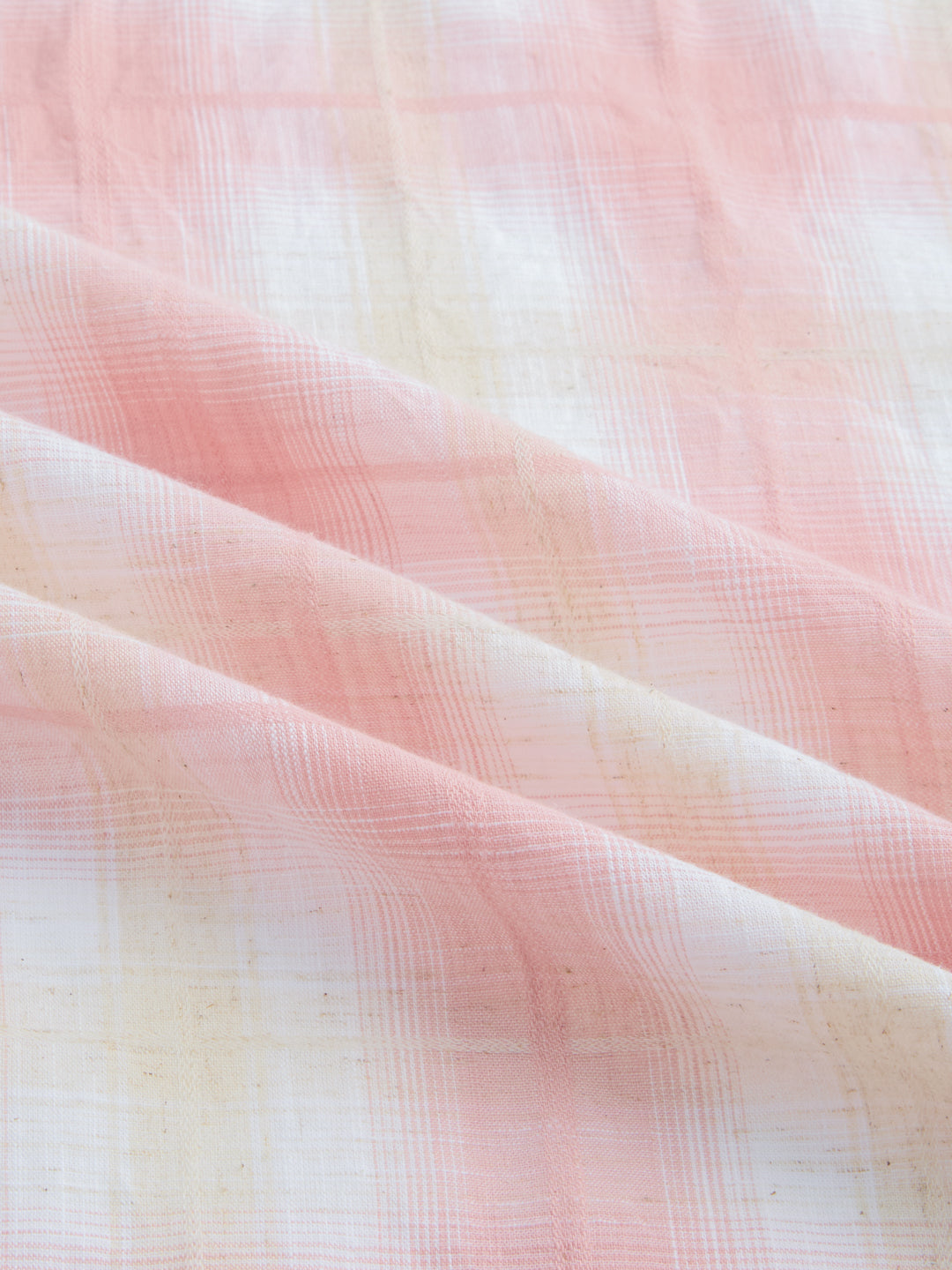 Peachy Pink Textured Checks Weave Linen Blend Boxy Fit Crop Shirt