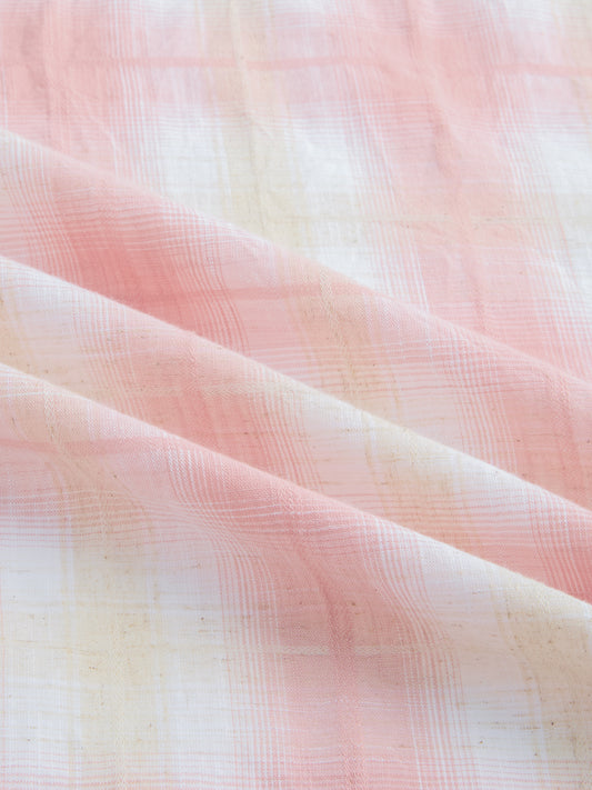 Peachy Pink Textured Checks Weave Linen Blend Boxy Fit Crop Shirt