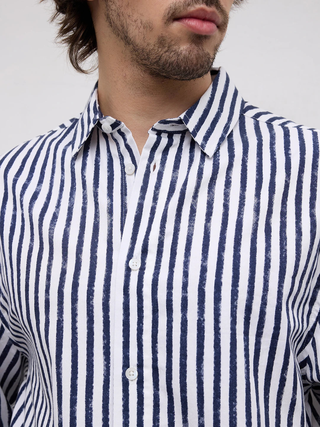 Navy Brushed Striped Weekend Escape Cuffless Oversized Shirt