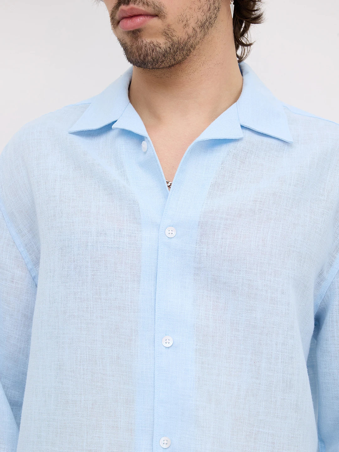 Iceberg Blue Sheer Textured Notch Collar Oversized Vacation Shirt