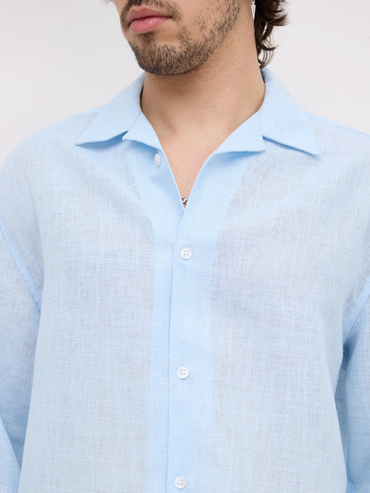 Iceberg Blue Sheer Textured Notch Collar Oversized Vacation Shirt