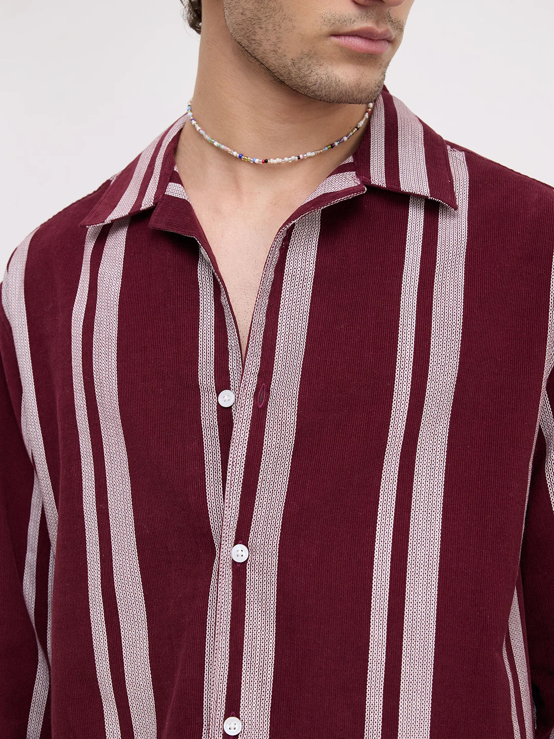 Luxe Maroon Contrast Striped Corduroy Notch Collar Oversized Shirt
