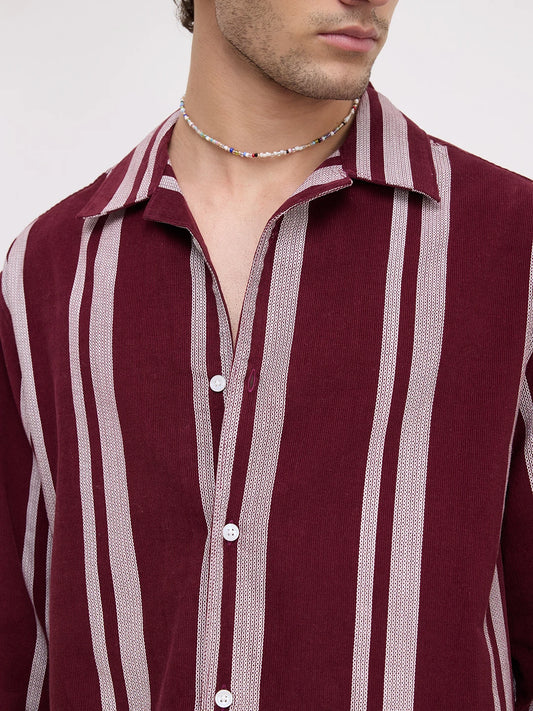 Luxe Maroon Contrast Striped Corduroy Notch Collar Oversized Shirt