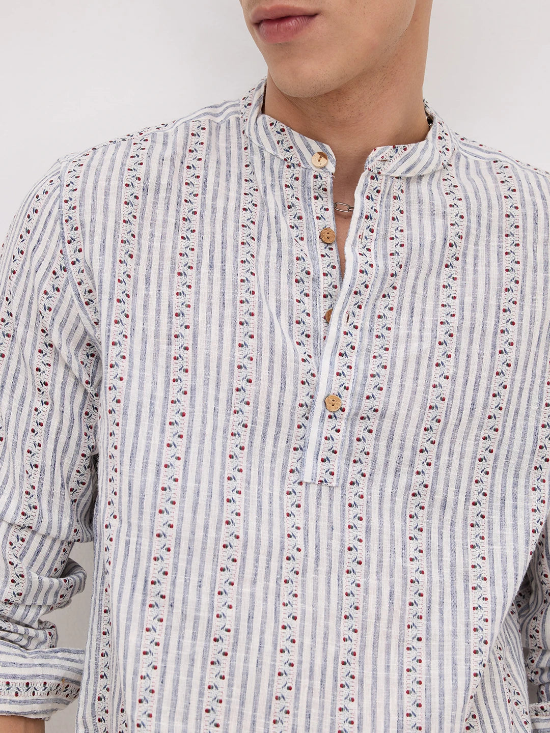 Coastal Mist Linen Blend Striped Kurta