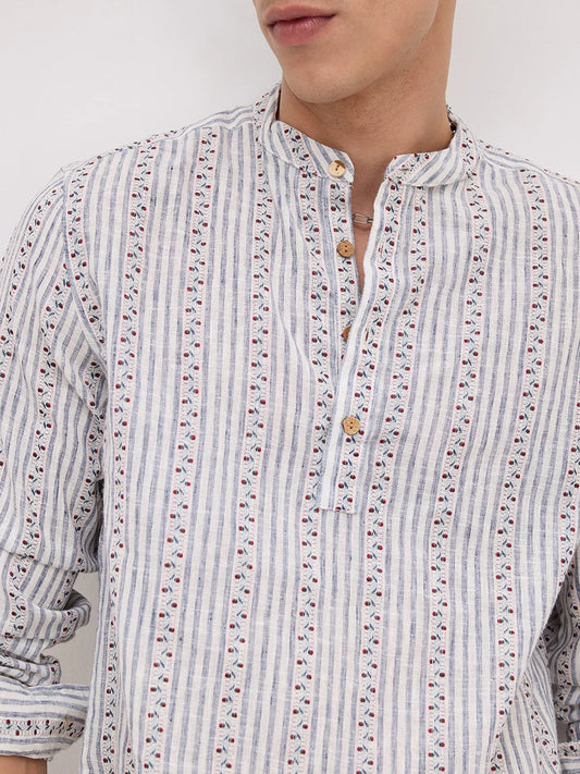 Coastal Mist Linen Blend Striped Kurta