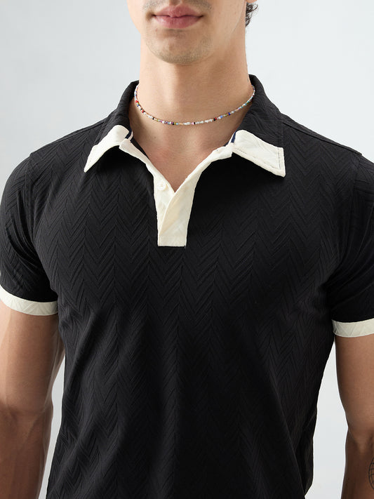 Rich Black Chevron Contrast Polo Neck T-shirt