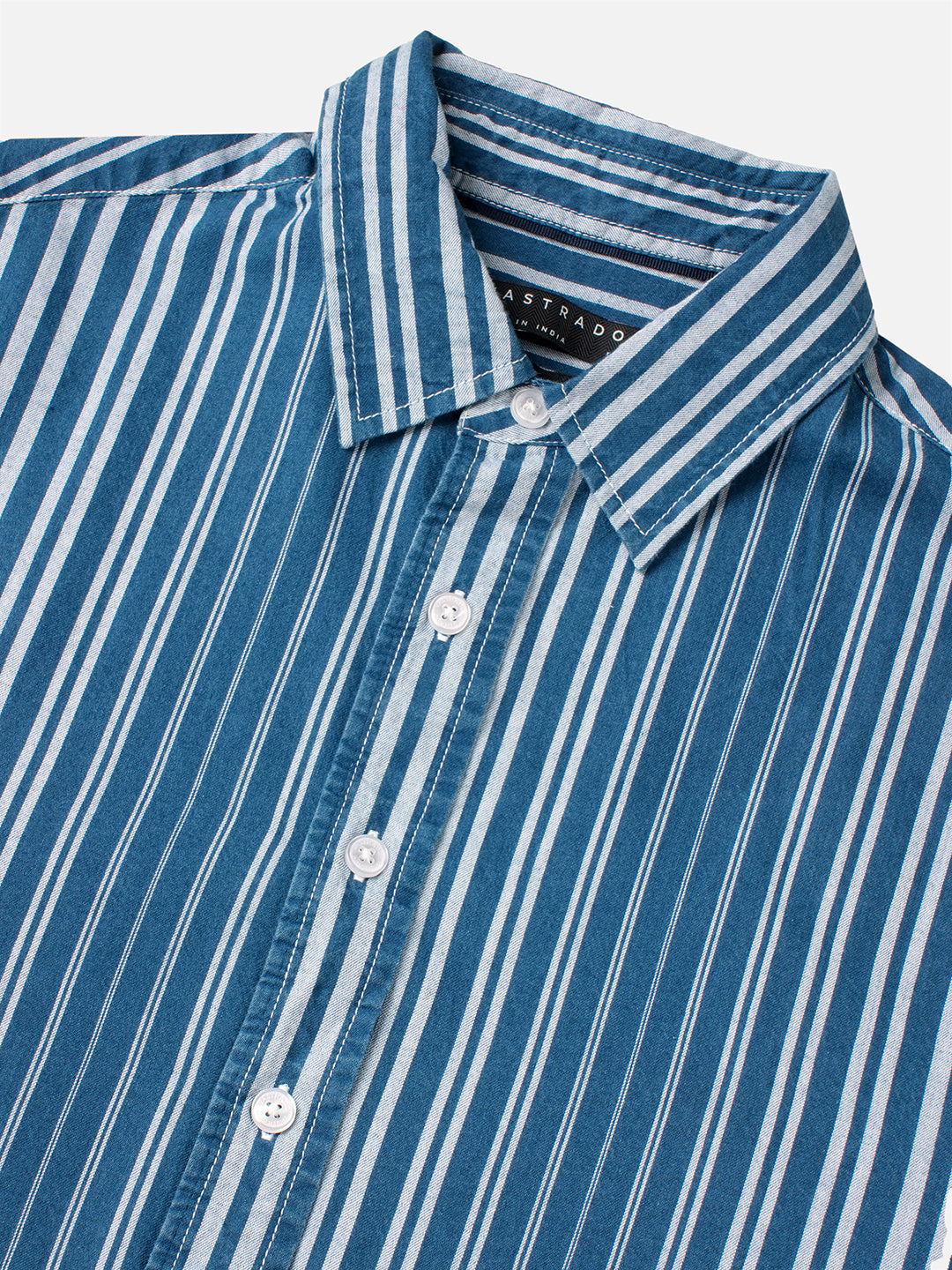 Denim Blue & White Bold Striped Cuffless Oversized Crop Shirt