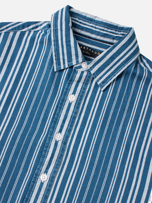 Denim Blue & White Bold Striped Cuffless Oversized Crop Shirt