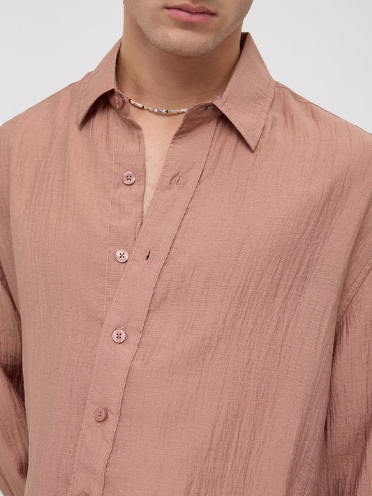 Burnt Clay Sheen Crinkled Boxy Fit Crop Shirt