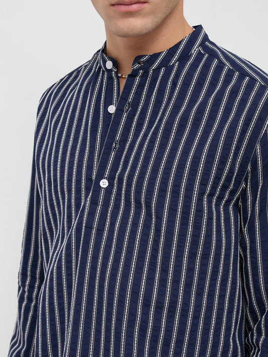 Luxe Coastal Navy Motif Embroidered Striped Kurta
