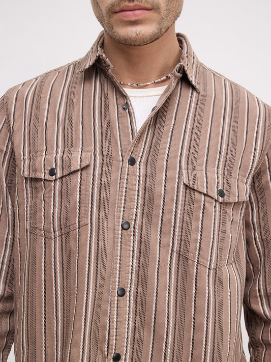 Rustic Bark Brown Multi-Stripe Twin Pocket Corduroy Shirt