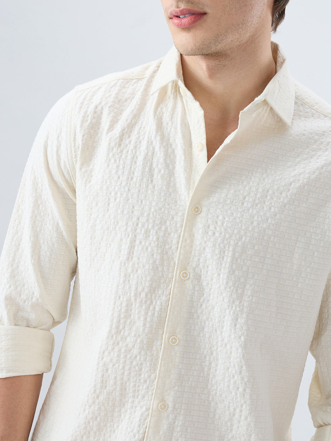 Luxe Ivory Double Coth Seersucker Box Checks Shirt
