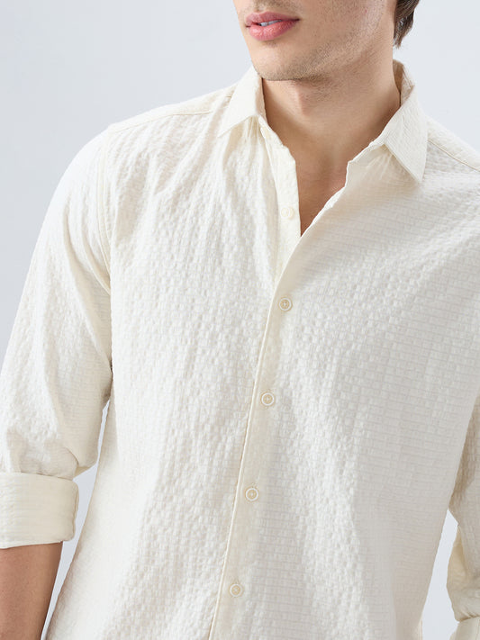 Luxe Ivory Double Coth Seersucker Box Checks Shirt