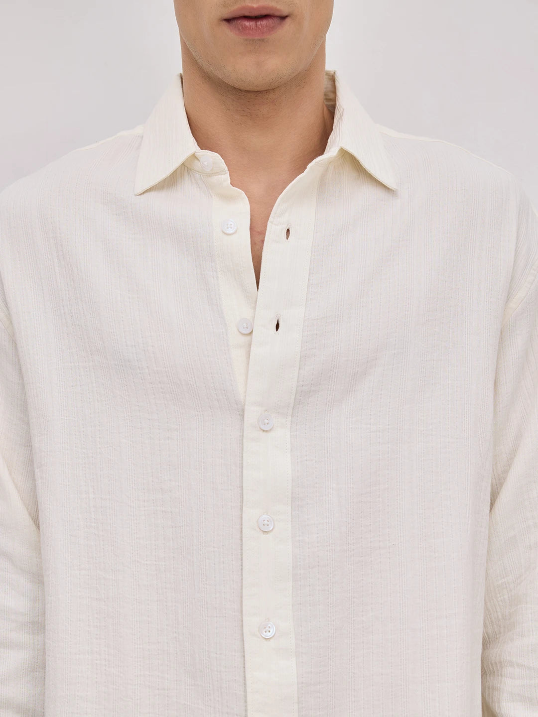 Pearl White Double Cloth Seersucker Striped Boxy Fit Crop Shirt