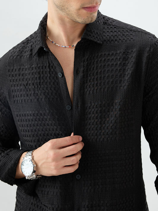 Black Geometric Grid Embossed Shirt