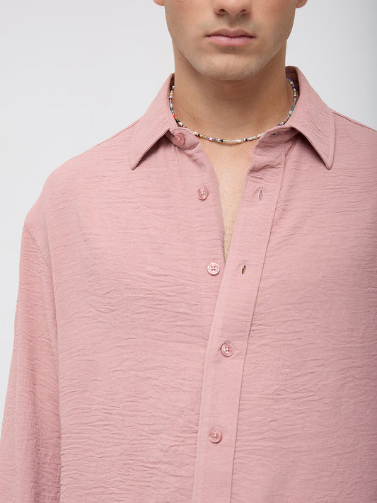 Trendy Spanish Pink Lightweight Crinkled Boxy Fit Crop Shirt