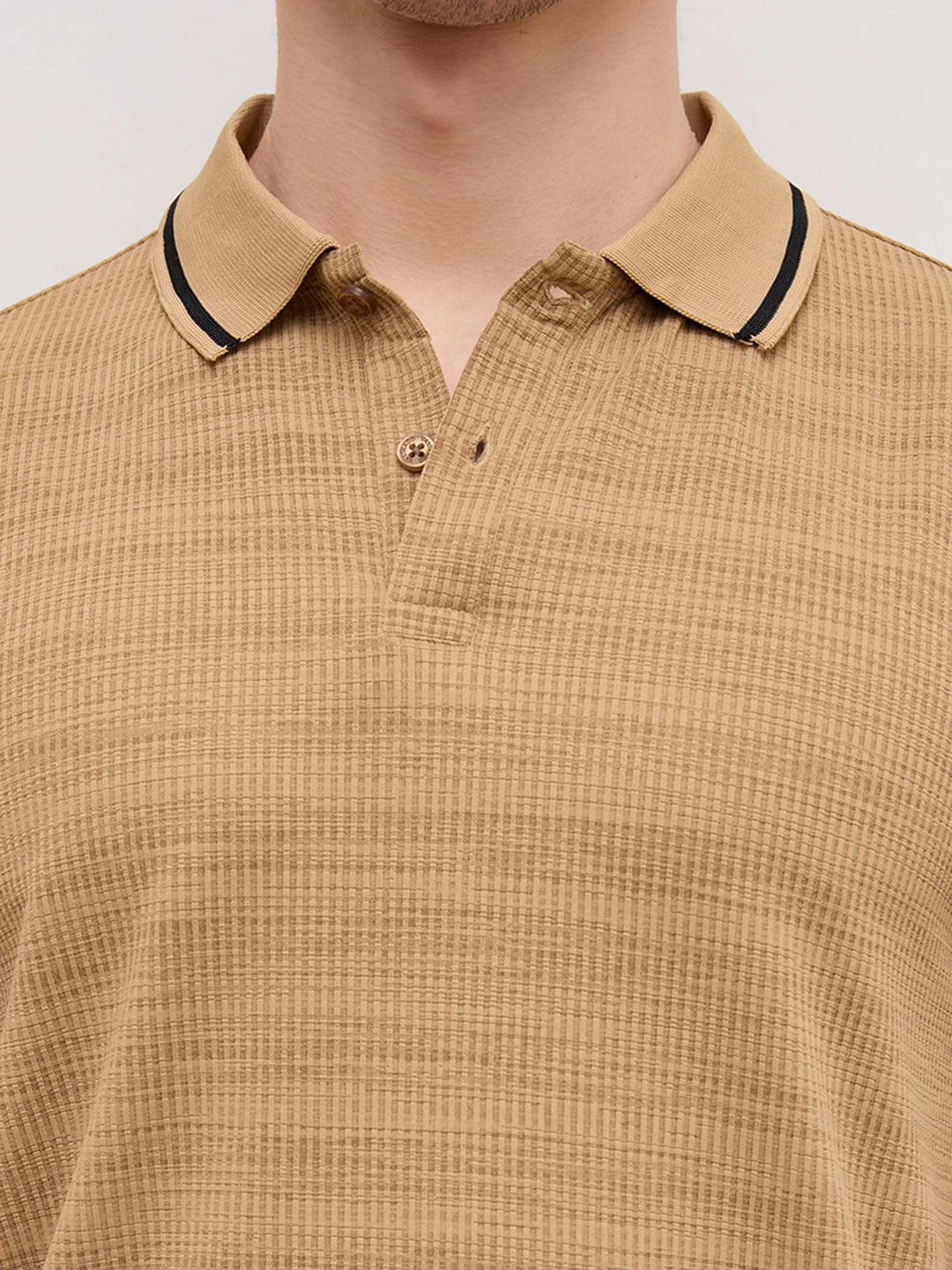 Golden Brown Stripe Embossed Polo Flat Knit T-Shirt