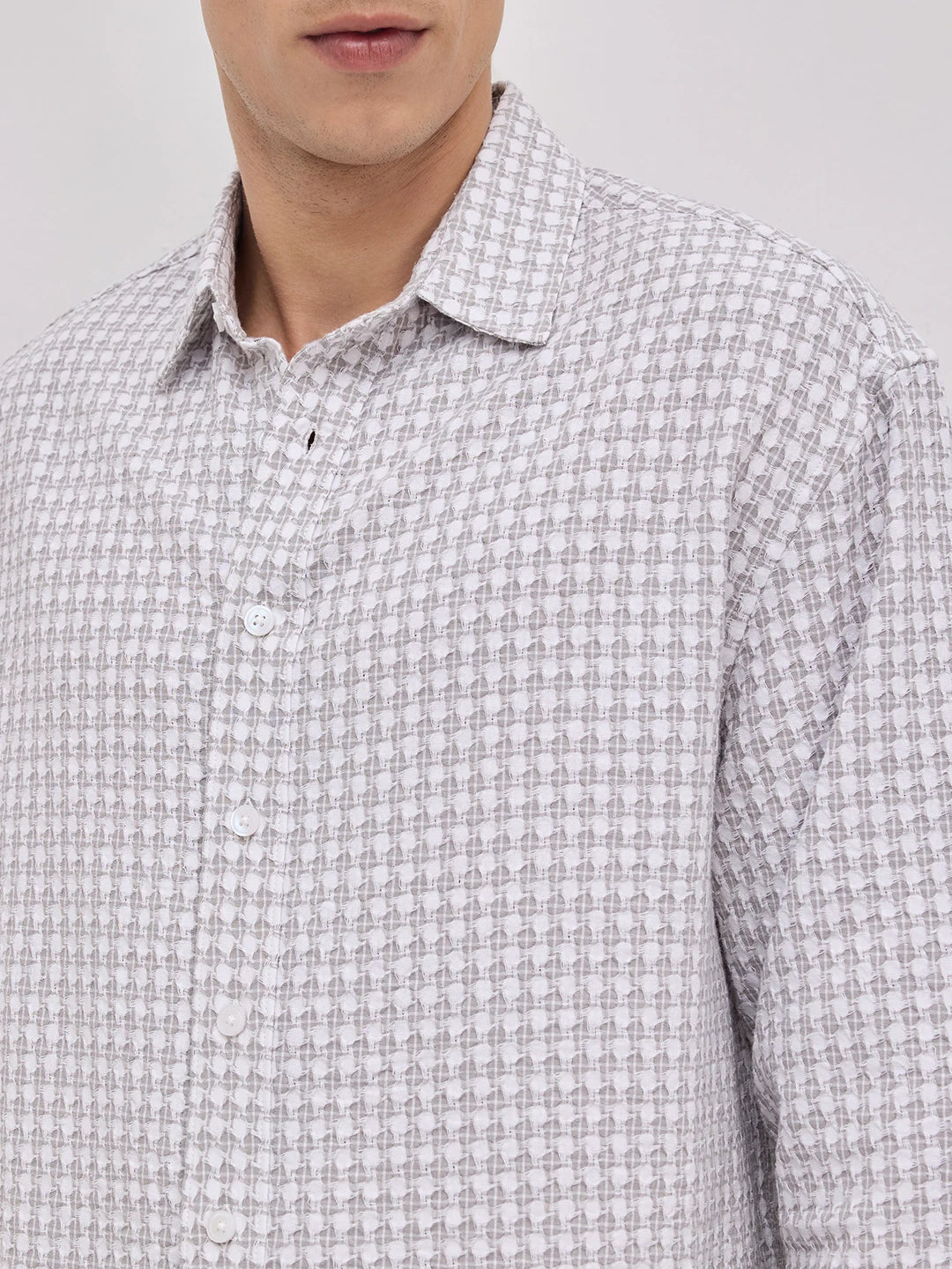 Glacier Grey Mosaic Textured Boxy Fit Crop Shirt