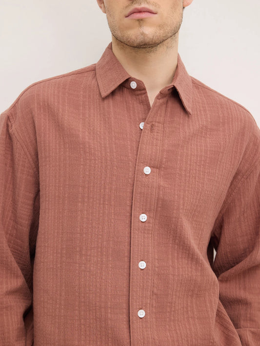 Rust Chestnut Brown Double Cloth Boxy Fit Crop Shirt