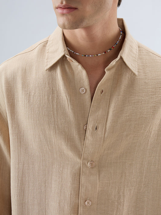Beige Slub Textured Boxy Fit Crop Shirt