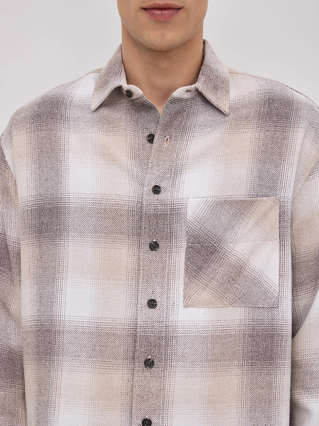 Beige Plaid Checks Boxy Fit Crop Shirt