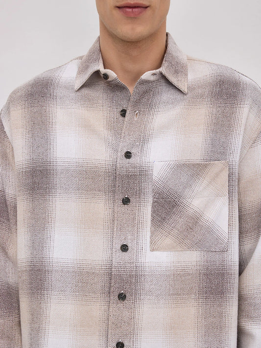 Beige Plaid Checks Boxy Fit Crop Shirt