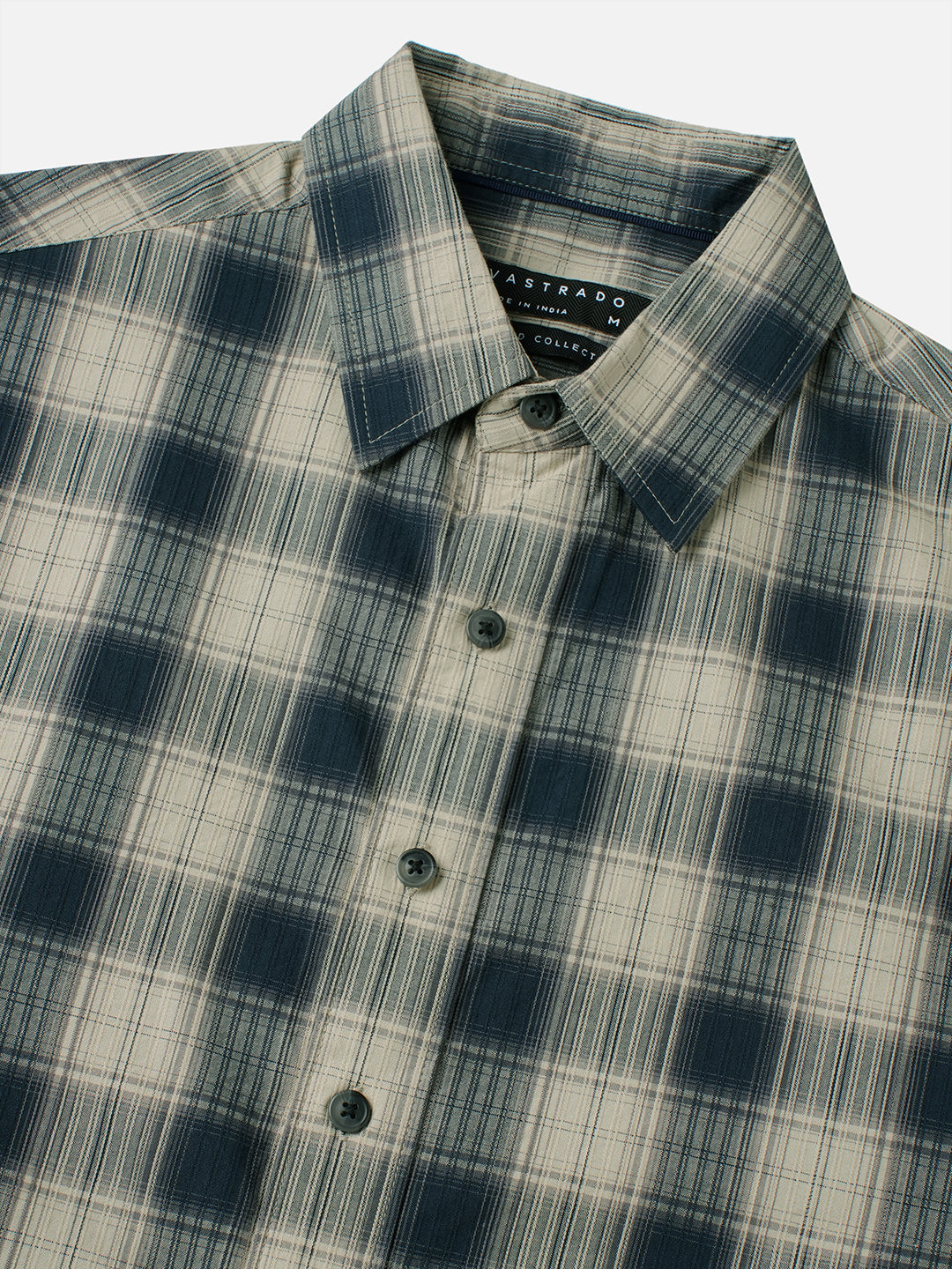 Midnight Navy & Sand Mist Textured Checks Boxy Fit Crop Shirt
