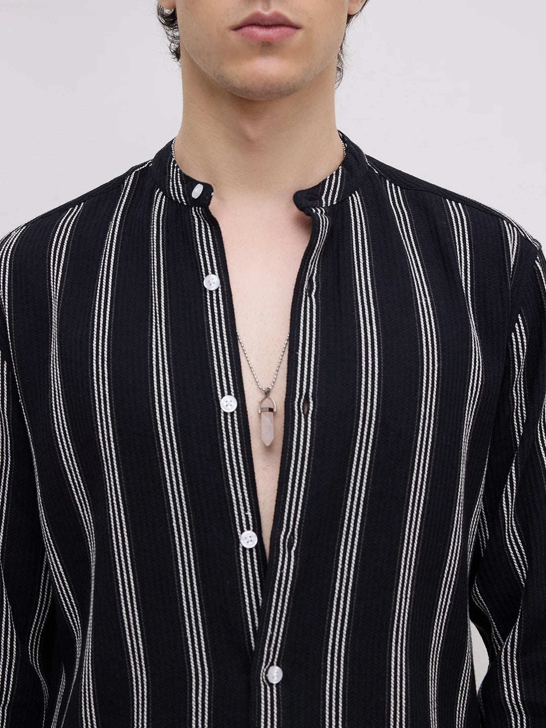 Black & White Vertical Striped Mandarin Shirt