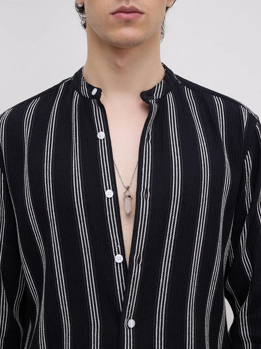 Black & White Vertical Striped Mandarin Shirt
