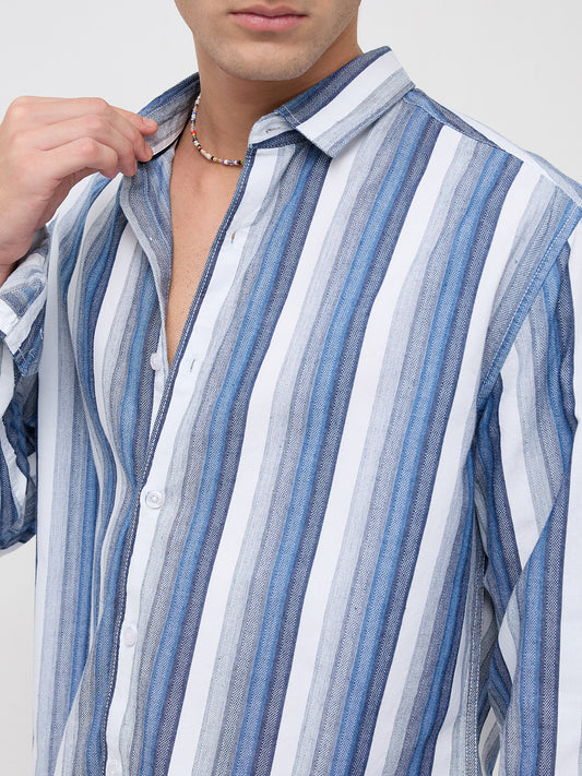 Coastal Denim Vertical Striped Vacation Shirt