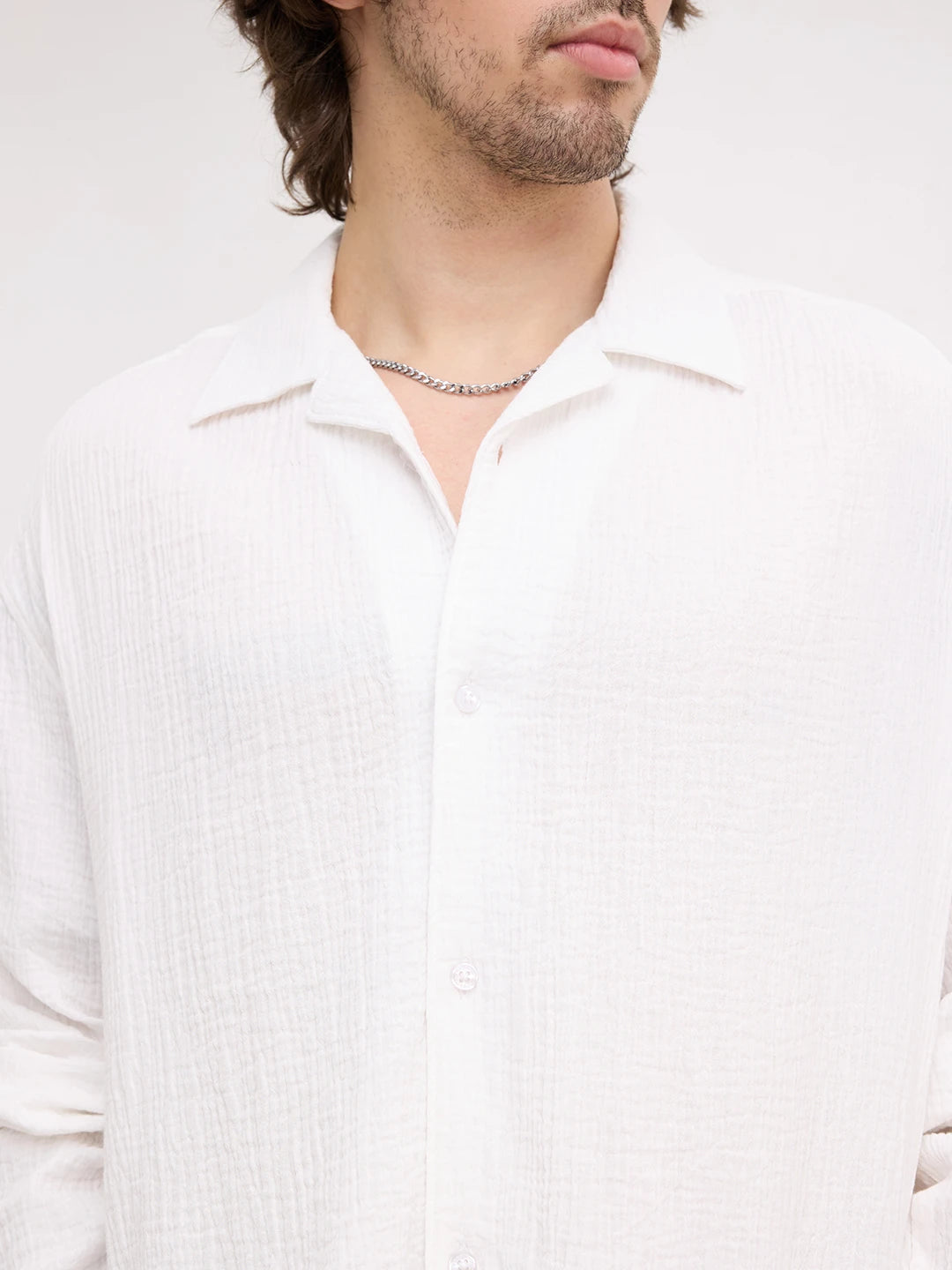 Snow White Double Cloth Notch Collar Oversized Shirt