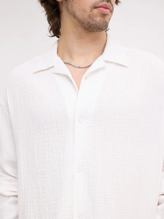 Snow White Double Cloth Notch Collar Oversized Shirt