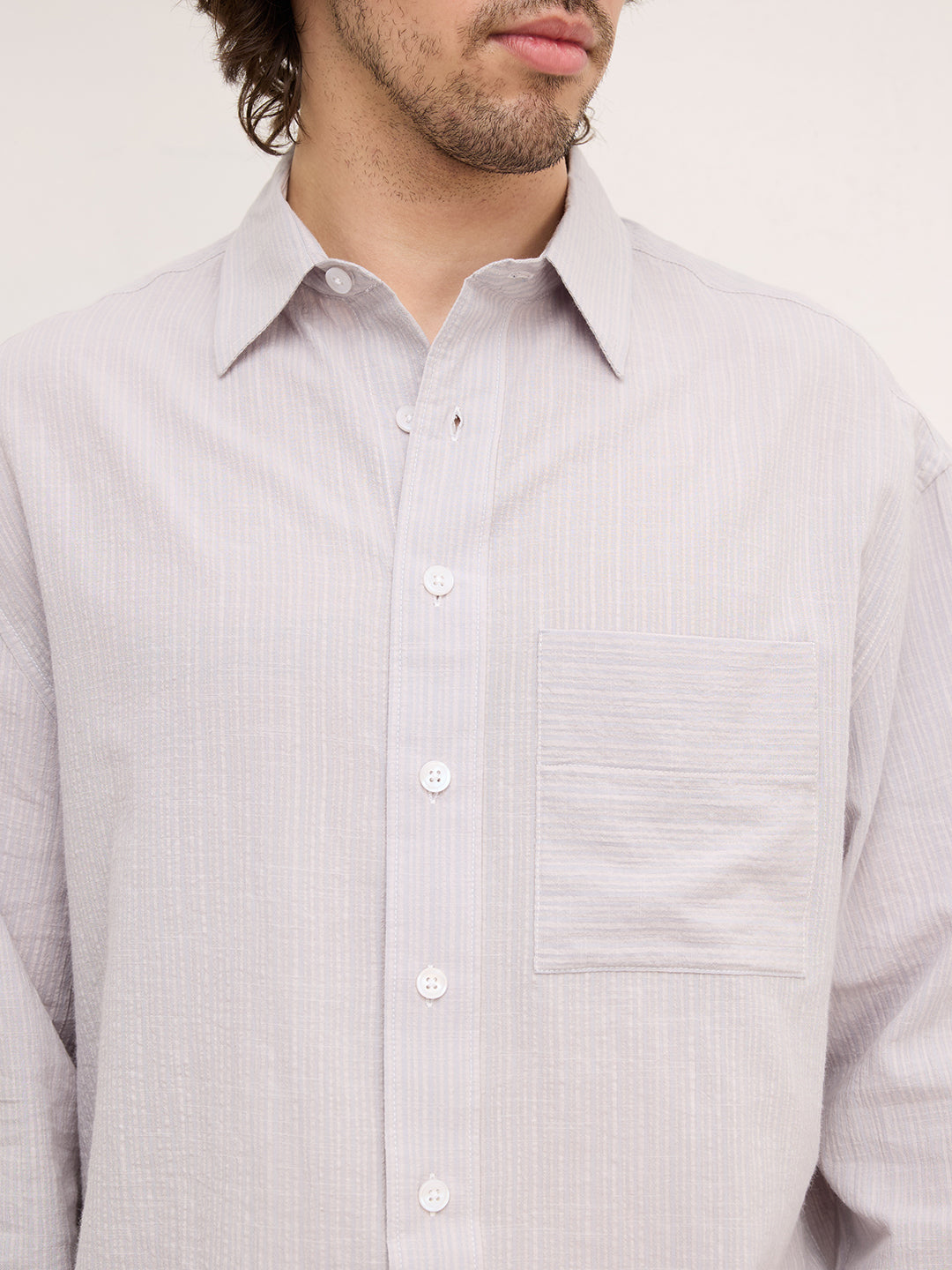Ash Grey Fine Striped Textured Boxy Fit Crop Shirt